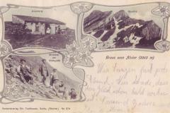 Gruss vom Alvier: Alvierhütte, Gauschla, Wildhüter am Alviergipfel. Poststempel vom 26.07.1907. Postkartenverlag Christian Tischhauser, Buchs, Nr. 674