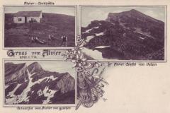 Gruss vom Alvier: Alvier-Clubhütte, Alviergipfel von Osten, Gauschla vom Alvier aus gesehen. Poststempel vom 20.08.1908. Postkartenverlag Christian Tischhauser, Buchs, Nr. 823