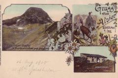 Gruss vom Alvier: Alvierhütte, Alviergipfel vom Barbielergrat aus gesehen um 1910. Postkartenverlag Christian Tischhauser, Buchs, Nr. 387