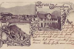 Gruss aus Oberschan, Hotel & Pension Bad-Eck, Wildhüter am Alviergipfel. Poststempel vom 13.09.1902. Postkartenverlag Christian Tischhauser, Buchs, Nr. 327