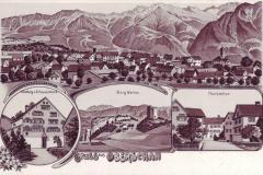 Gruss aus Oberschan: Handlung von A. Hanselmann, Burg Wartau, Poststation. Lithografie. Poststempel vom 27.07.1908