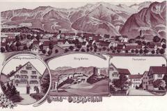 Gruss aus Oberschan: Handlung von A. Hanselmann, Burg Wartau, Poststation. Lithografie. Poststempel vom 27.07.1908