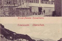 Oberschan: Totalansicht, Privat-Pension Hanselmann, Poststempel vom 11.07.1911. Postkartenverlag Christian Tischhauser, Buchs, Nr. 997