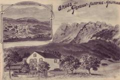 Gruss von der Pension zum Aufstieg nach Palfries, Ausblick auf Oberschan. Lithografie, Poststempel vom 09.10.1907. Verlag von Leopold Guggenheim, Zürich