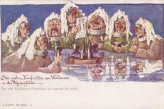 Die sieben Churfirsten am Walensee und das Alpenglühen um 1897, aus der Reihe Berggesichter von Emil Nolde (1867-1956), mit dem Pseudonym E. Hansen signiert, Nr. 5. Verlag von F. A. Prantl, München