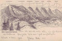 Die Churfirsten von Wildhaus aus, Poststempel vom 31.12.1909. Verlag und Zeichnung von R. Urech-Dahinden, Weggis