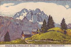Auf Alp Schrina ob Walenstadtberg um 1915, Blick auf den Mürtschenstock. Steinzeichnung von Jacob Nohl (1881-1952). Graphische Anstalt Stünzi & Nohl Schaffhausen