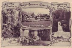 Gasthaus und Pension Freihof Germen bei Nesslau, Obertoggenburg, 850m, Victor Jäger: Buchenwald über der Strasse, Gasthaus Freihof, Speisesaal, Wasserfall 5min entfernt, um 1910. Postkartenverlag Christian Tischhauser, Buchs SG, Nr. 780