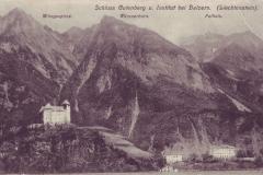 Schloss Gutenberg und Institut in Balzers, mit Mittagspitz, Würznerhorn und Falknishorn. Poststempel vom 16.04.1908. Verlag Philipp Gerster, Vaduz
