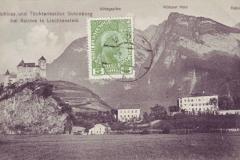 Schloss Gutenberg und Institut in Balzers, mit Mittagspitz, Würznerhorn und Falknis. Poststempel vom 07.04.1913. Verlag Philipp Gerster, Vaduz