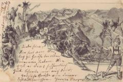 Vaduz mit den Liechtensteiner Bergen: Jux auf dem Alm! Poststempel vom 05.09.1900. Zeichnung von Peter Balzer (1855-1916)