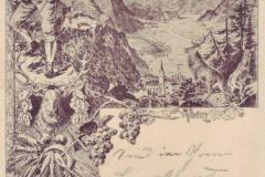 Vaduz mit den Liechtensteiner Bergen, Poststempel vom 05.12.1898. Zeichnung 1897 von Peter Balzer (1855-1916)