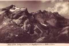 Pfälzer Hütte mit Naafkopf, Grauspitzen und Falknis um 1935. Aufnahme und Verlag von Adolf Buck, Schaan