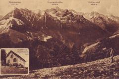 Ausblick vom Älple ins Saminatal mit Gurtisspitze, Goppaschrofen und Galinakopf, Feldkircher Naturfreundehaus, um 1925. Aufnahme von K. Bojarsky, Feldkirch