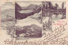 Gruss aus dem Rätikon: Scesaplana-Hütte, Lünersee, Drusenfluh, Fläschersee um 1905. Postkartenverlag Christian Tischhauser, Buchs, Nr. 161