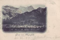 Maienfeld mit Falknistürmen, Falknis, Schwarz- und Glegghorn, Poststempel vom 26.06.1899. Verlag von Johann Fetzer, Ragaz
