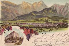 Gruss aus Maienfeld: Lithographie mit Schloss Brandis und Glegghorn. Poststempel vom 02.09.1899