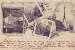 Gruss aus Seewis: Schloss (Gemeindehaus), Die "B'satzig" (Landsgemeinde), Kirche in Seewis. Poststempel vom 31.08.1911. Postkartenverlag Christian Tischhauser, Buchs, Nr. 534