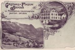 Gasthaus und Pension Samina, Triesenberg. Poststempel vom 06.08.1908. Postkartenverlag Christian Tischhauser, Buchs