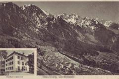 Triesenberg mit Gasthof zur Alpenrose. Poststempel vom 03.06.1929. Aufnahme und Verlag von Valentin Flausch, Vaduz