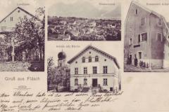 Gruss aus Fläsch: Landhaus, Totalansicht, Schule mit Kirche, Restaurant Adler. Poststempel vom 12.07.1910