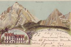 Grüsse aus Vättis (Taminathal): Hotel Lerche und Calanda. Verlag J. B. Zimmermann, Hotel Lerche, Vättis, Poststempel vom 08.08.1903. Die Zeichnung vom Calanda stammt von Friedrich Wilhelm Sprecher, Vättis.