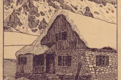 Clubhütte am Piz Sol 2220 m. ü. M. Poststempel vom 02.08.1916. Erbaut im Sommer 1915 v. d. Sektion Piz Sol S.A.C. Künstlerpostkarte von W. Frey, Ragaz