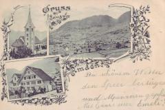 Gruss aus Amden: Ortsansicht, Kapelle und Gasthaus zum Hirschen. Poststempel vom 10.07.1899. Verlag Hermann Seidl (Kretzschmar & Schatz), Meissen