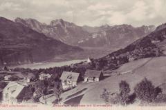 Amden ob dem Walensee mit Glarner Alpen. Poststempel vom 23.07.1910. Aufnahme von Arnold Heim, Edition Photoglob Co., Zürich, Nr. 7207