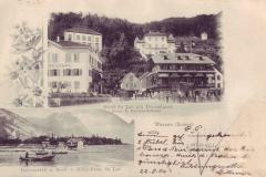 Weesen: Hotel du Lac mit Dependance (Eigentümer H. Ziltener), Badeanstalt und Boote vom Hotel du Lac, Poststempel vom 22.08.1904